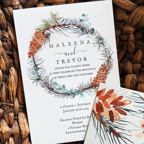 Winter Pinecone Wreath Eucalyptus Wedding Invitation