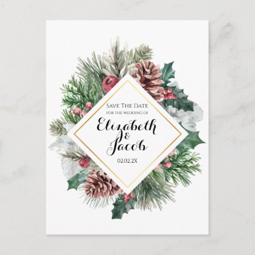 Winter Pinecones and Holly Save the Date Postcard
