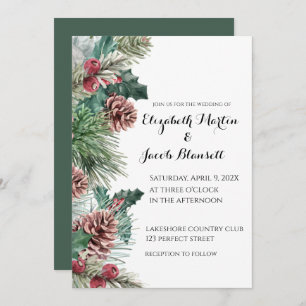 Winter Pinecones, and Holly Wedding Invitation
