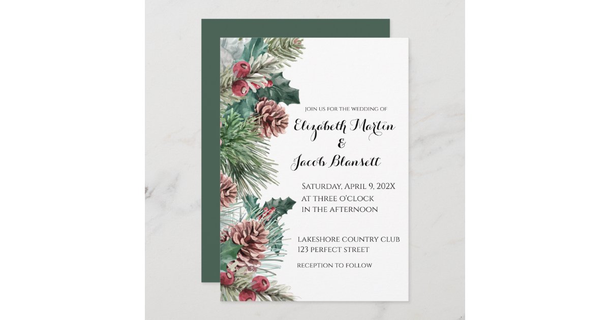 Winter Pinecones, and Holly Wedding Invitation | Zazzle