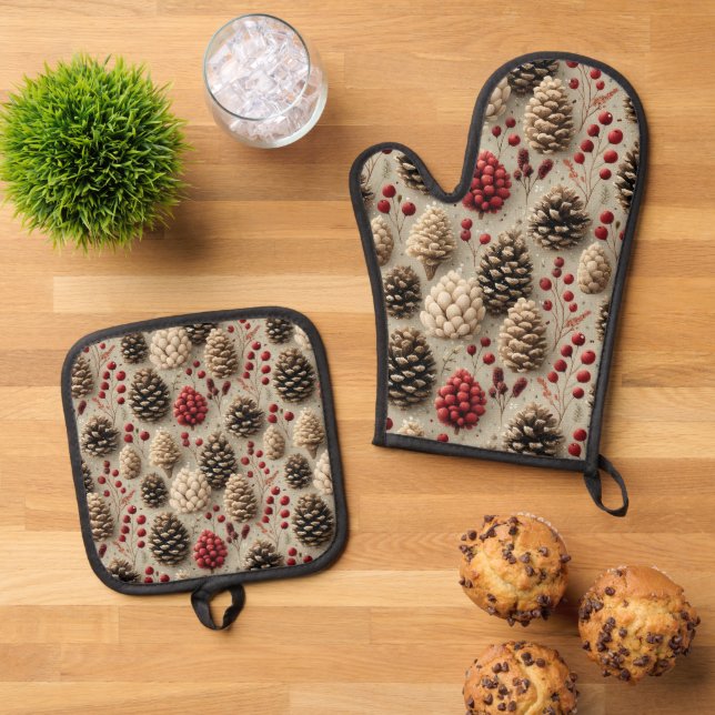 Winter Pinecones and Red Berries Oven Mitt & Pot Holder Set (Top Down)