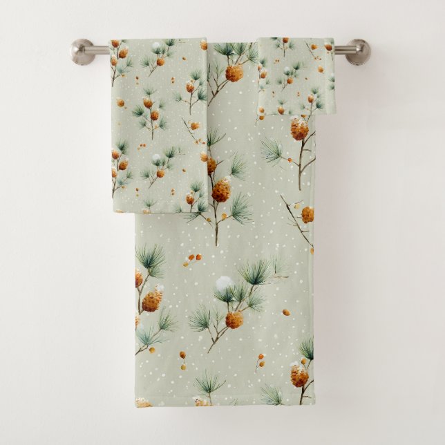 Winter Pinecones and Snowy Branches Bath Towel Set (Insitu)