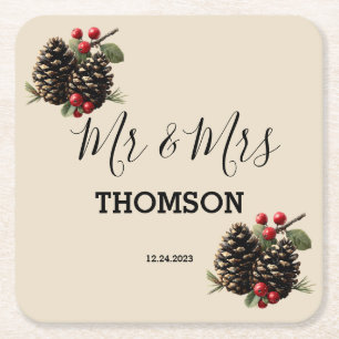 Winter Pinecones & Berries Family Throw Pillow Square Paper Coaster