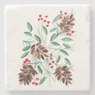 Winter Pinecones Watercolor Stone Coaster