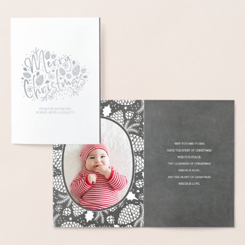 Winter Pines Christmas | Holiday Photo Foil Card - Merry Christmas sleek silver foil photo cards with the modern typography and pines, cones, snowflakes illustrations