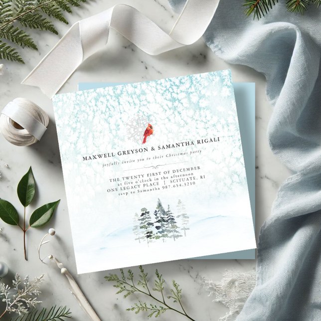Winter Pines Customizable Christmas Party Invitation (Christmas party invitations watercolor pine trees red cardinal wintery scene minimalistic)