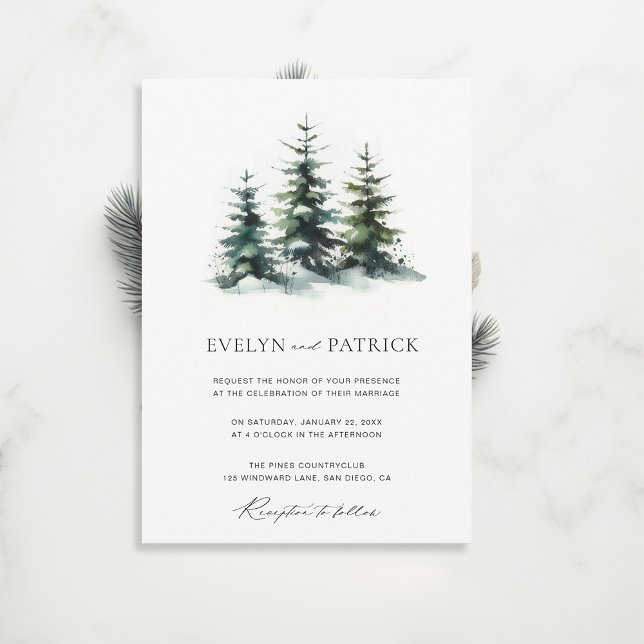 Winter Pines Elegant Modern Minimalist Wedding Invitation (winter wedding invitation christmas botanical modern sleek pine tree elegant contemporary)