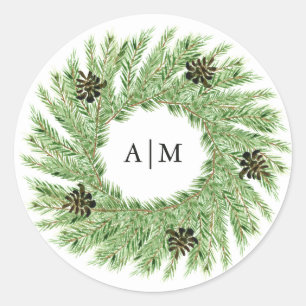 Winter Pines Wedding Monogram Classic Round Sticker
