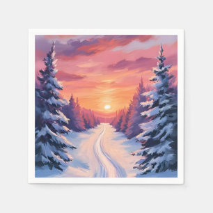 Winter Pinescape Sunset Pastel Watercolor Napkins