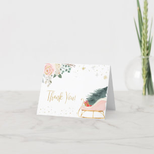 Winter Pink and Gold Sleigh Letterpress Thank You Card