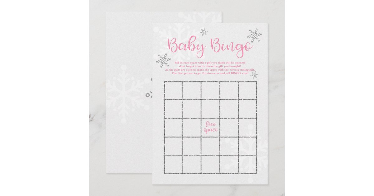 Winter Pink and Silver Snowflake Baby Bingo Invitation | Zazzle