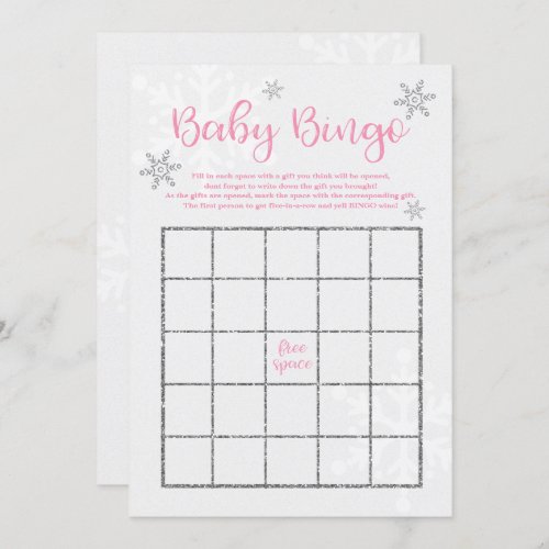 Winter Pink and Silver Snowflake Baby Bingo Invitation