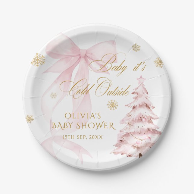 Winter Pink Bow Baby It's Cold Outside Baby Shower Paper Plates (Front)