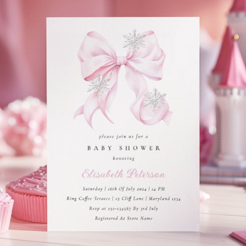 Winter Pink Bow Baby Shower Invitation