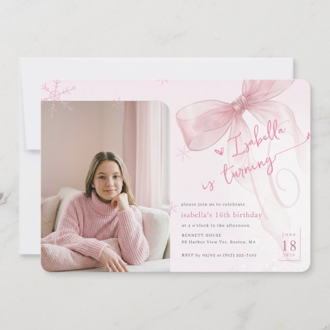 Winter Pink Bow Girl Photo 16th Birthday Party Invitation (Front)