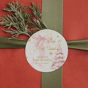 Winter Pink Bow It's Cold Outside Baby Shower Classic Round Sticker