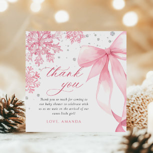 Winter Pink Bow Snowflakes Baby Shower Thank You Card
