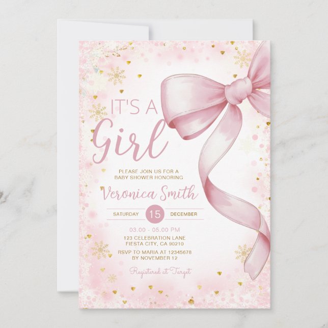 Winter Pink Bow themed Girl Coquette Baby Shower Invitation (Front)
