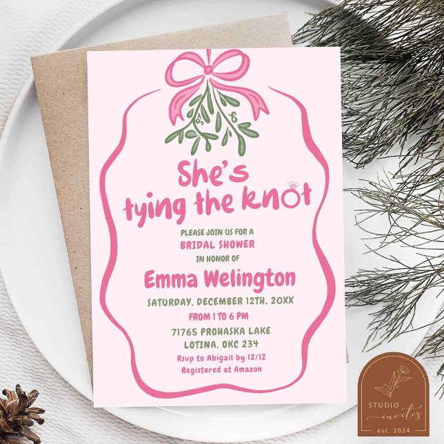 Winter Pink Bow Tying The Knot Bridal Shower Invitation (Creator Uploaded)
