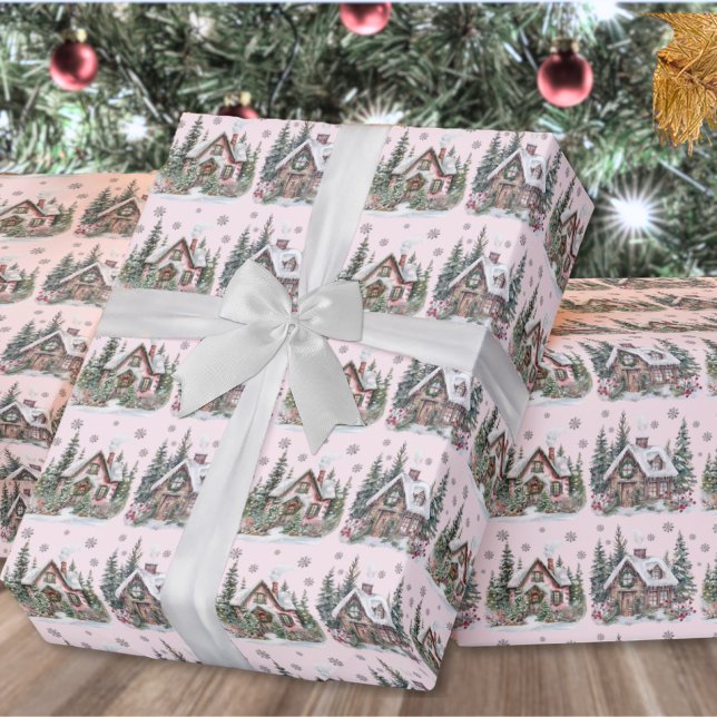 Winter Pink Christmas Wrapping Paper (Elegant Winter Cabin Blush Pink Christmas Wrapping Paper)
