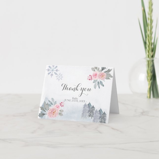 Winter Pink Floral Baby Shower Thank You card (Front)