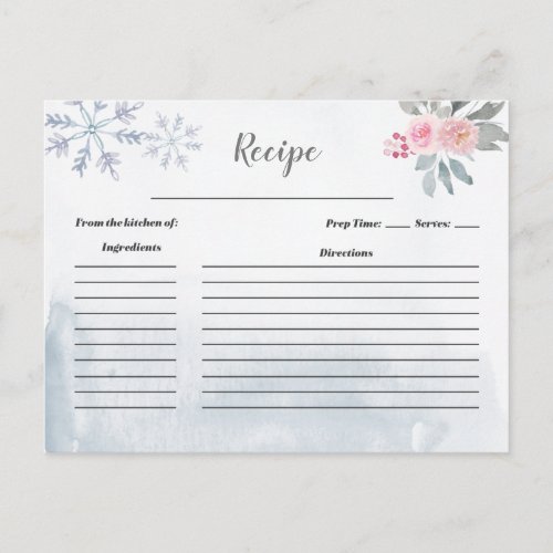 Winter Pink Floral Bridal Shower Recipe card