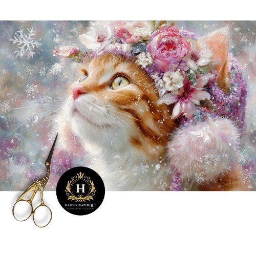 Winter Pink Floral Cat Decoupage Craft Paper