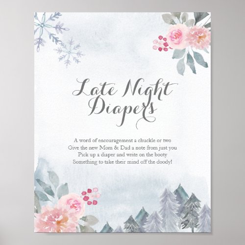 Winter Pink Floral Late Night Diapers Sign Poster