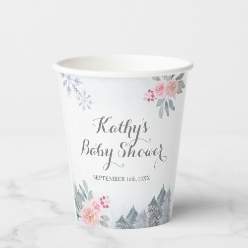 Winter Pink Floral Pine Trees Baby Shower Paper Cups