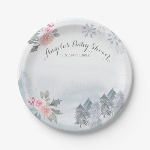 Winter Pink Floral Pine Trees Paper Plates