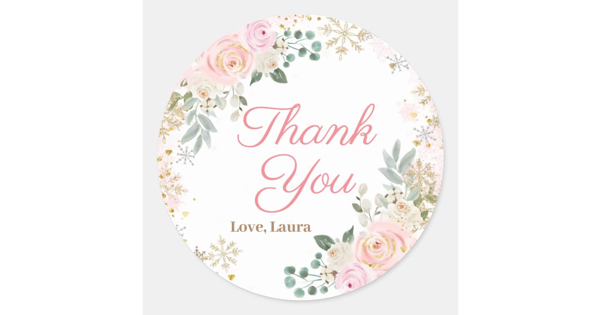 Winter Pink Floral Snowflake Baby Shower Classic Round Sticker | Zazzle