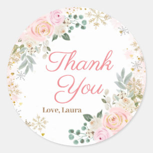 Winter Pink Floral Snowflake Baby Shower Classic Round Sticker