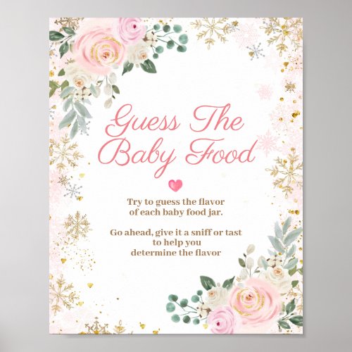 Winter Pink Floral Snowflake Guess the Baby Food Poster
