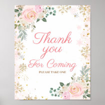 Winter Pink Floral Snowflake Thank you for coming Poster