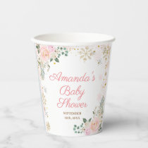 Winter Pink Floral Snowflakes Baby Shower Paper Cups