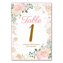 Winter Pink Floral Snowflakes Baby Shower Table Number