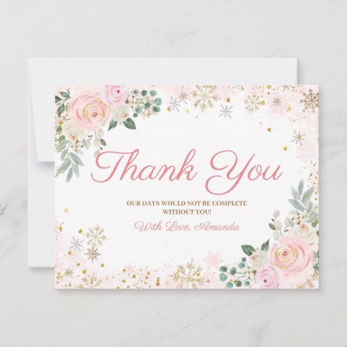 Winter Pink Floral Snowflakes Baby Shower Thank You Card
