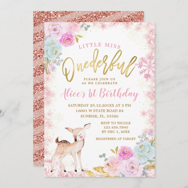 Winter Pink Floral Snowflakes Onederful Reindeer  Invitation (Front/Back)
