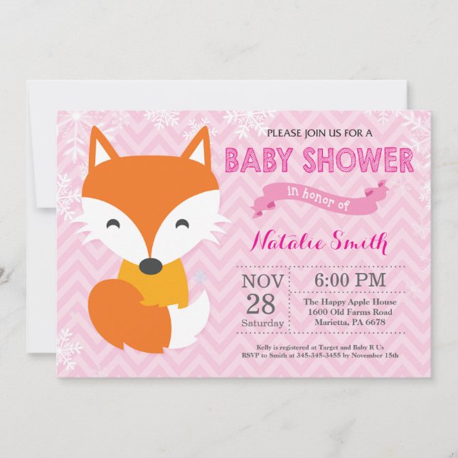 Winter Pink Fox Girl Baby Shower Invitation (Front)