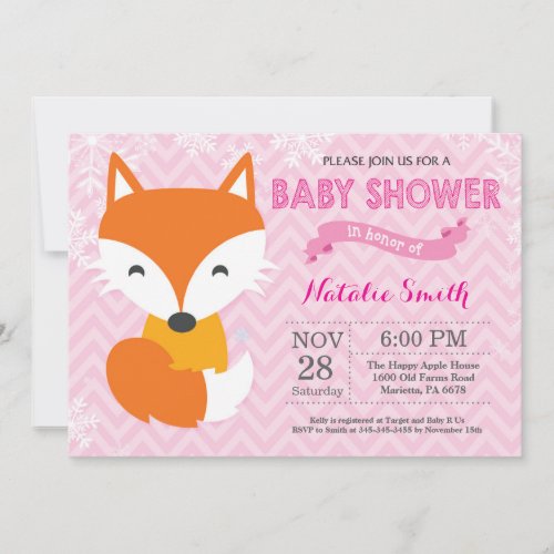 Winter Pink Fox Girl Baby Shower Invitation