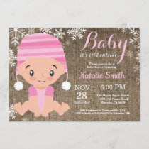 Winter Pink Girl Baby Shower Invitation Burlap