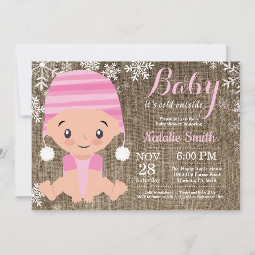 Winter Pink Girl Baby Shower Invitation Burlap