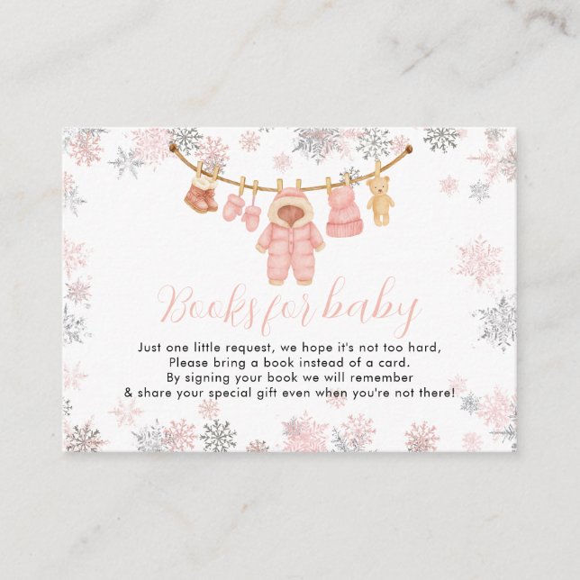 Winter Pink Girl Baby Shower Snow Books for Baby Enclosure Card (Front)