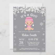 Winter Pink Girl Baby Shower Snowflake Invitation