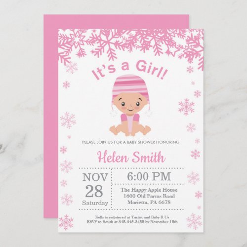 Winter Pink Girl Baby Shower Snowflake Invitation