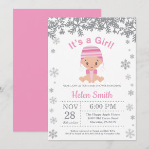 Winter Pink Girl Baby Shower Snowflake Invitation
