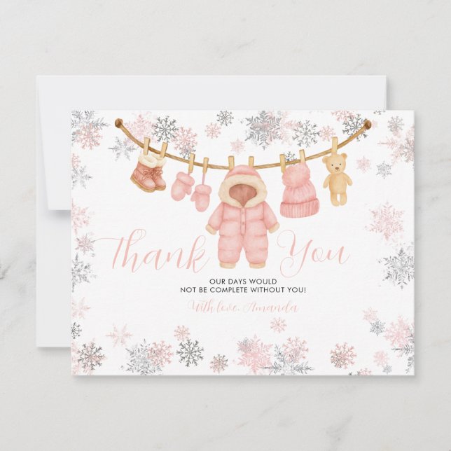 Winter Pink Girl Baby Shower Snowflakes Thank You Card (Front)