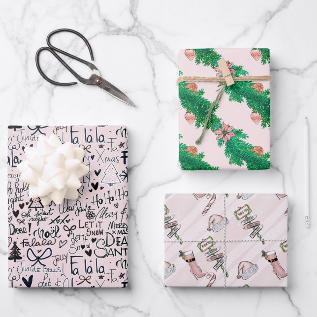 Winter Pink Girly Fun Holly Boots Christmas Wrapping Paper Sheets (Front)