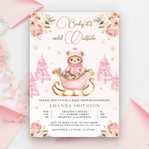 Winter Pink Gold Floral Teddy Bear Baby Shower Invitation