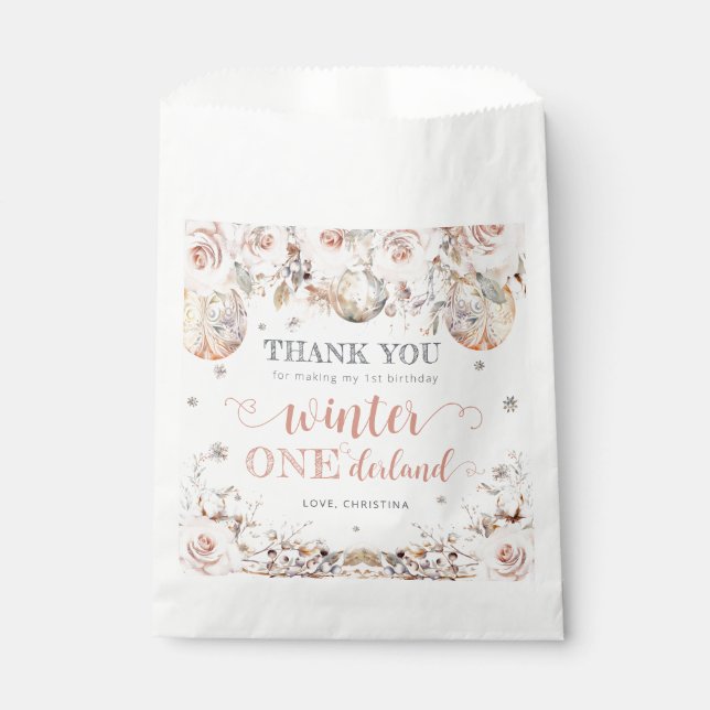 Winter Pink Gold Onederland Birthday Favor Bag (Front)